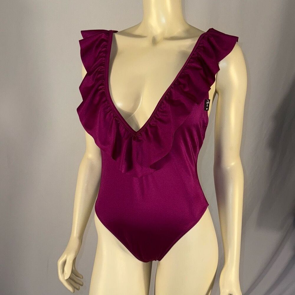 PINK Victoria's Secret One Piece Ruffle Swimsuit Deep V Violet Purple Medium - Picture 10 of 15