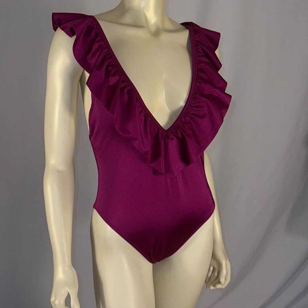 PINK Victoria's Secret One Piece Ruffle Swimsuit Deep V Violet Purple Medium - Picture 12 of 15