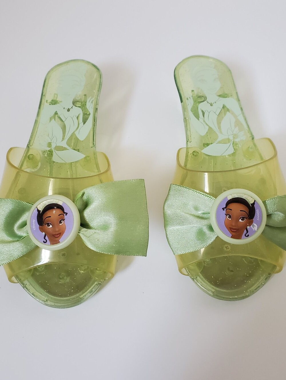 Disney Princess Tiana Green Jelly Kid Dress Up Heels with Bow and Medallion