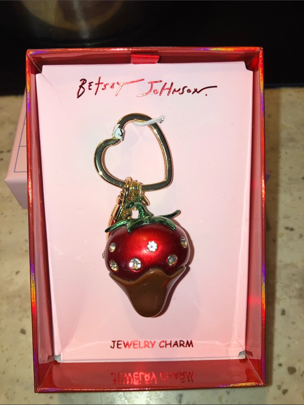 🍓Betsey Johnson bling chocolate covered strawberry bag charm keychain NWT