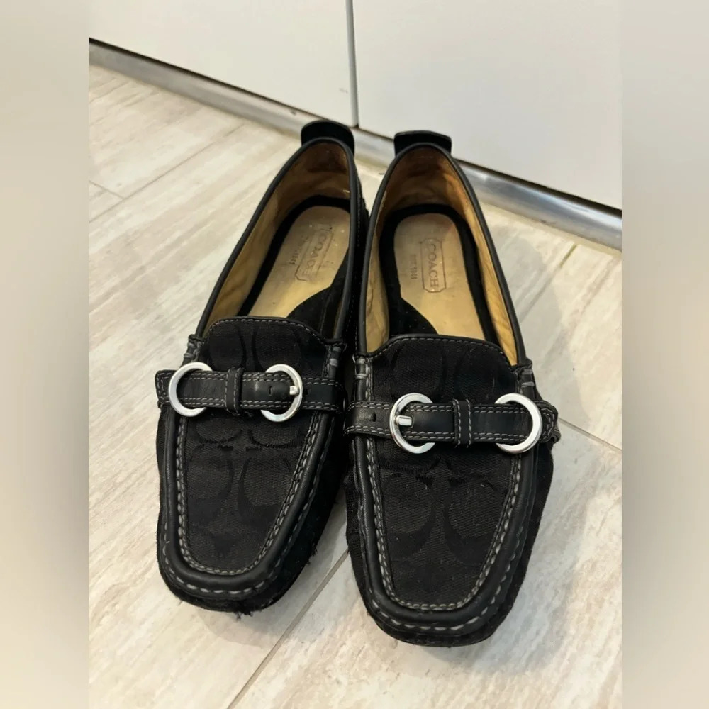 Coach Black Leather Loafer Shoes Size 7 Stacie Signature Logo Driving Moccasin