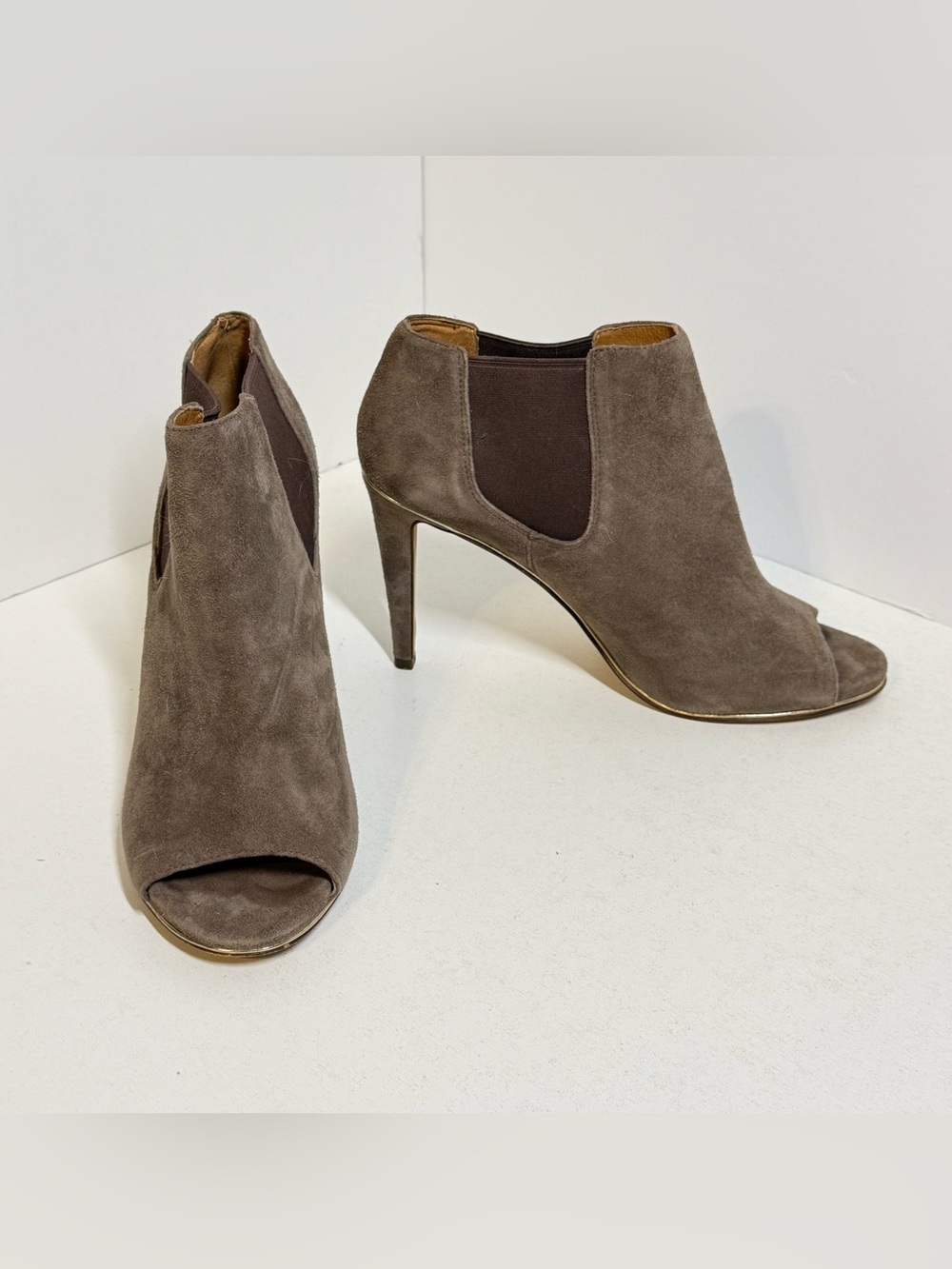 Coach Adrianna Taupe Suede Peep-Toe Stiletto Booties 9B