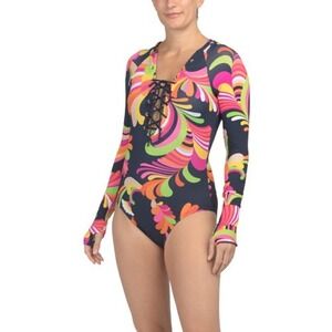 Trina Turk One‎ Piece Swim Paddlesuit Size M Navy Lace Up Long Sleeve NWT $182