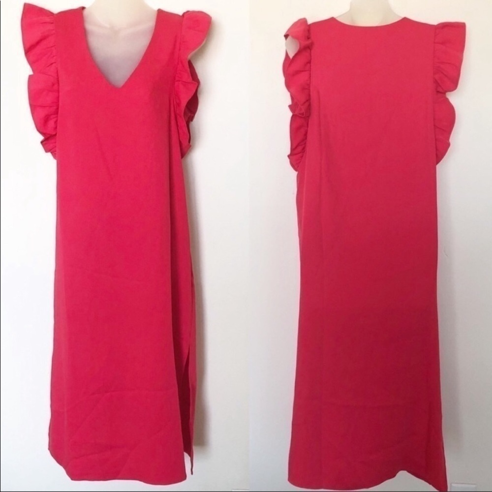 Chelsea28 Womens Coral Spice Ruffle Sleeve V Neck Side Slit Hem Midi Dress - Picture 2 of 8
