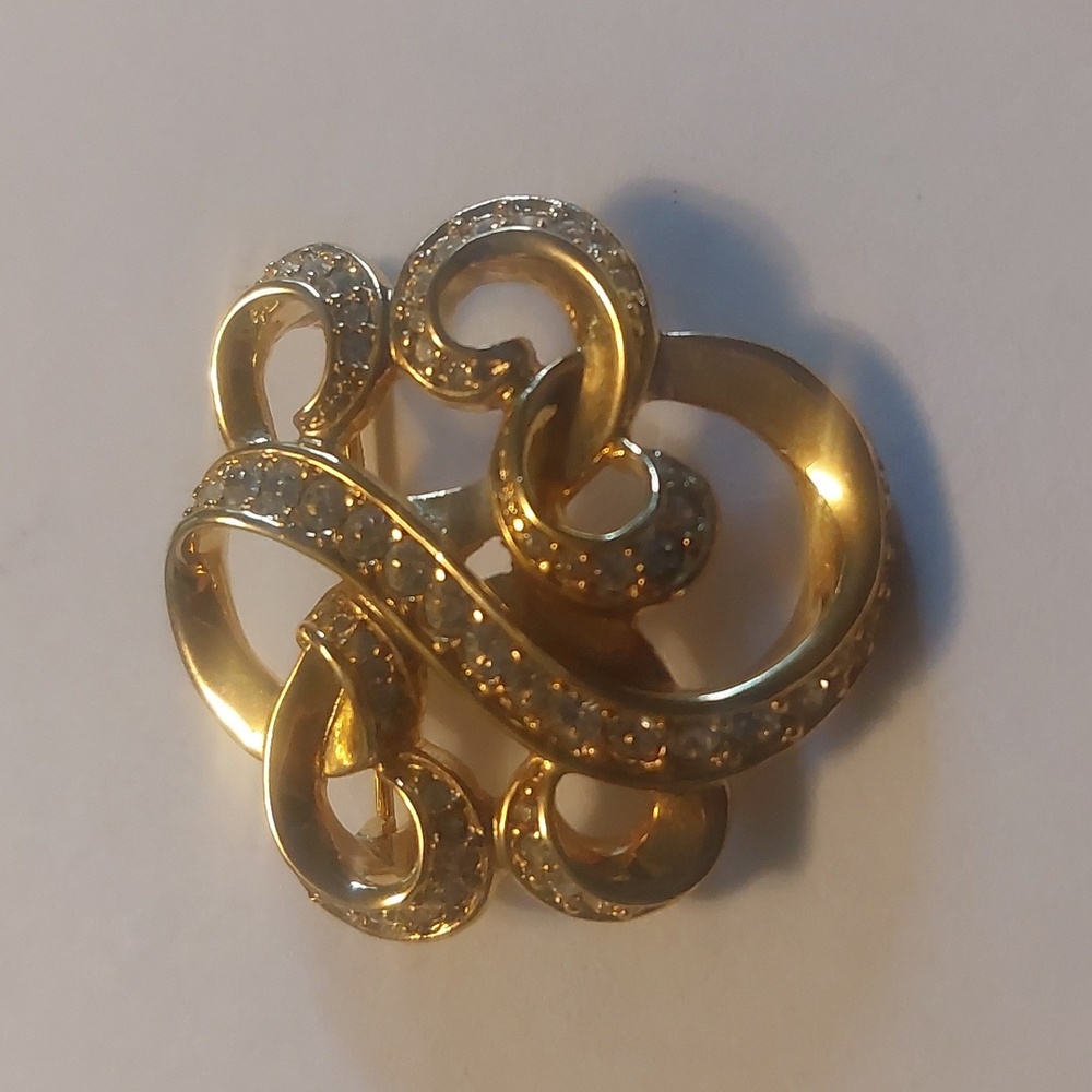 Anne Klein Gold Toned Rhinestone Swirl Brooch Pin