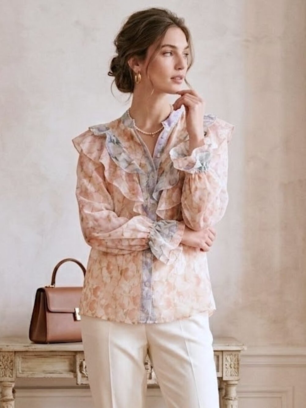 Mazik Floral Chiffon Print Ruffle Detail Long Sleeve Women's Blouse Size Small