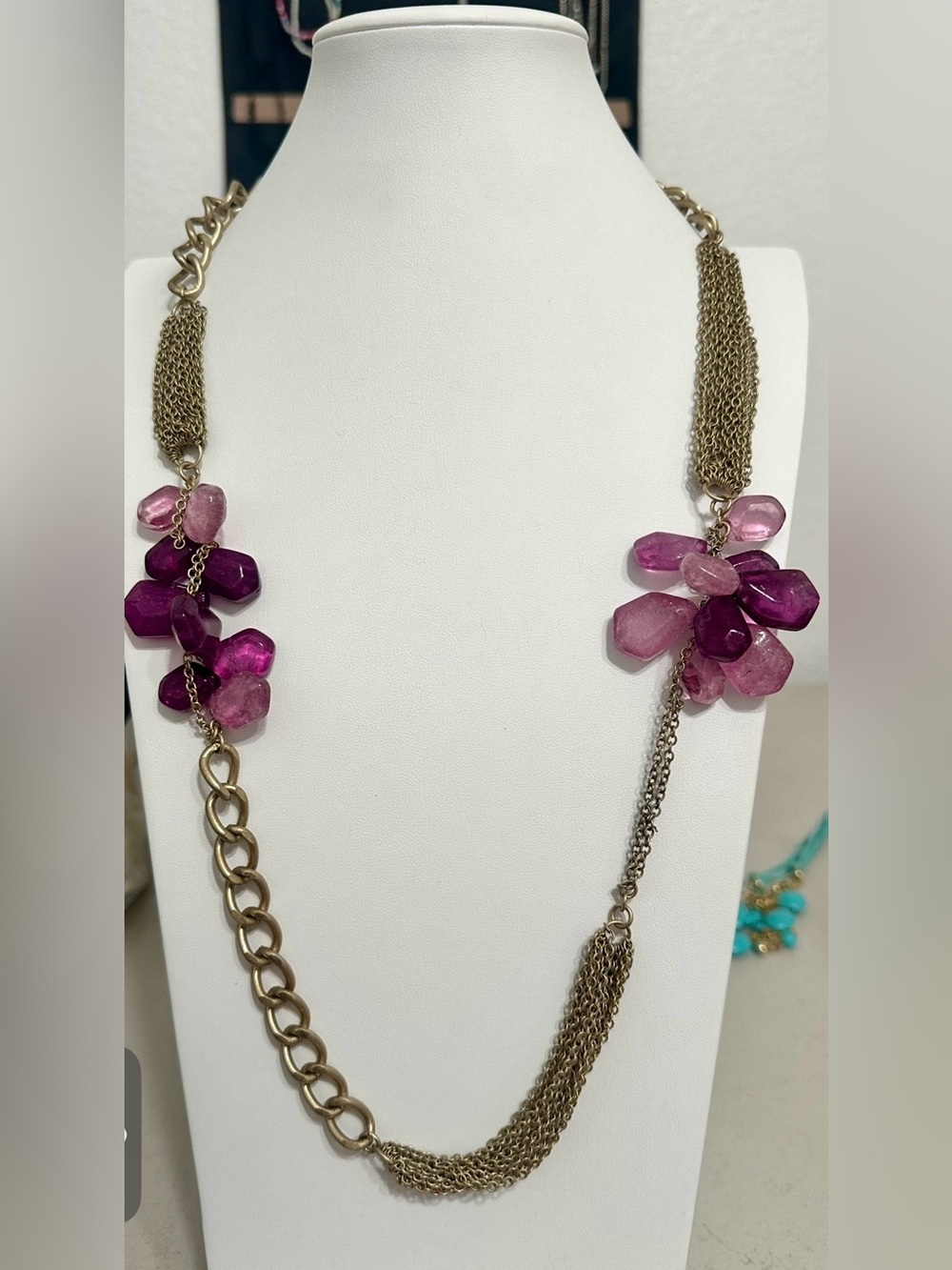 LOFT Purple Pink Faceted Lucite Statement Necklace Chunky Chain Boho Glam