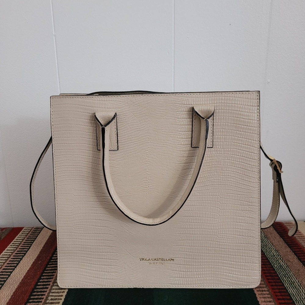 Viola Castellani Cream‎ Croc Leather Bag Purse Satchel Neutral Minimalist Italy