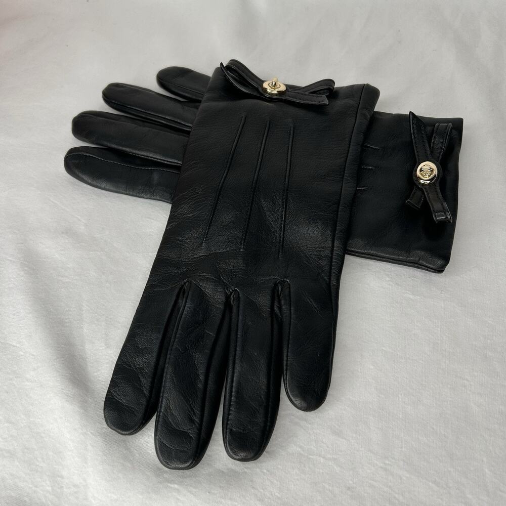 Coach Sheep Leather Gloves F55189 Wool Lined Black Bows Size 8