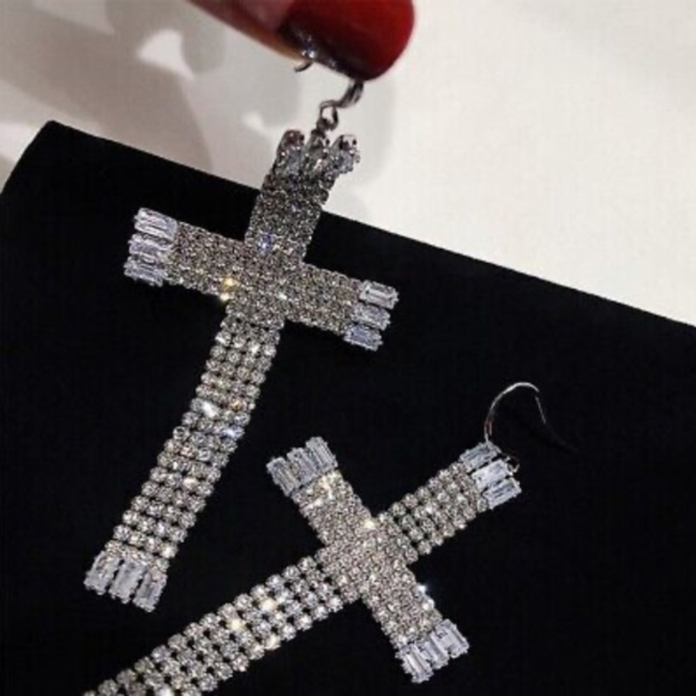 Womens‎ Silver Stainless Steel Cross Tassel Rhinestone Earrings Fashion Jewelry