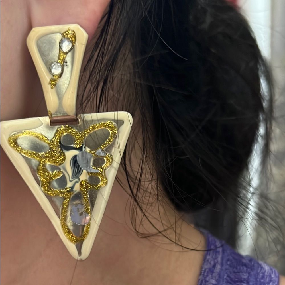 Gold and Silver Triangle Earrings - Picture 5 of 10