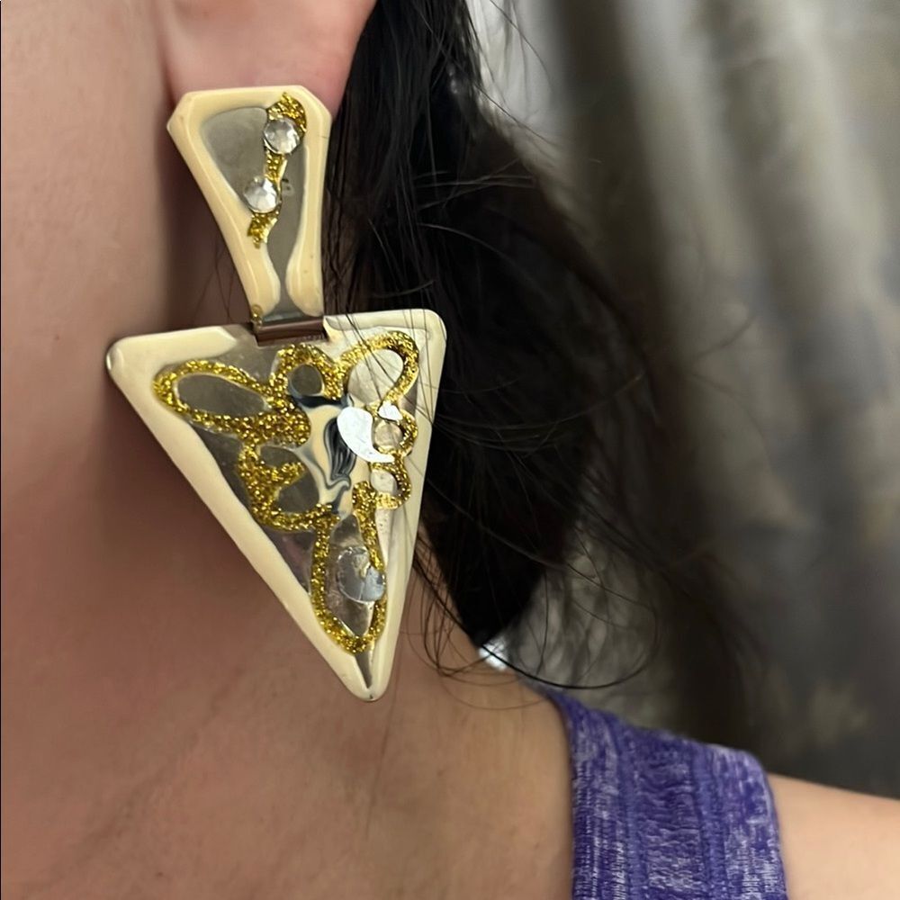 Gold and Silver Triangle Earrings - Picture 4 of 10
