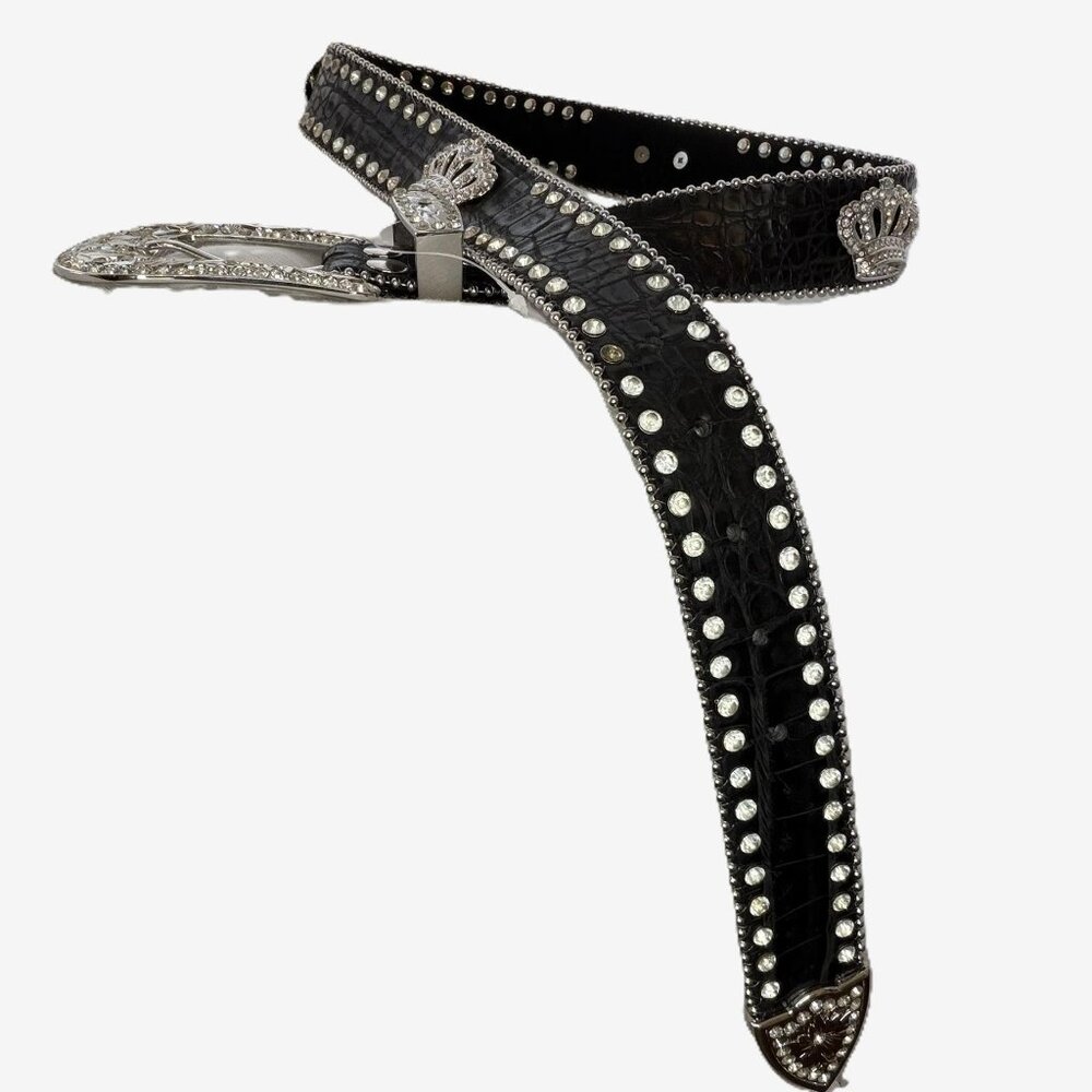 NWT Women’s Western Rhinestone Leather Belt Small 34” Silver Buckle Cowgirl Y2K - Picture 2 of 16