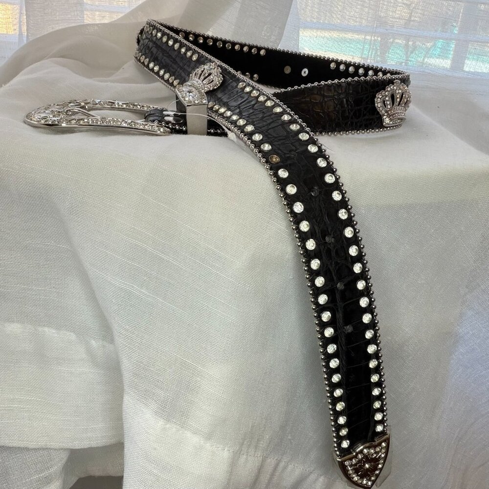NWT Women’s Western Rhinestone Leather Belt Small 34” Silver Buckle Cowgirl Y2K - Picture 3 of 16