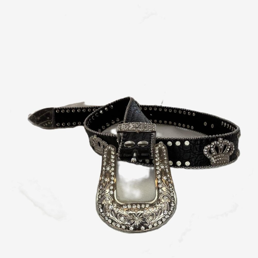 NWT Women’s Western Rhinestone Leather Belt Small 34” Silver Buckle Cowgirl Y2K - Picture 8 of 16