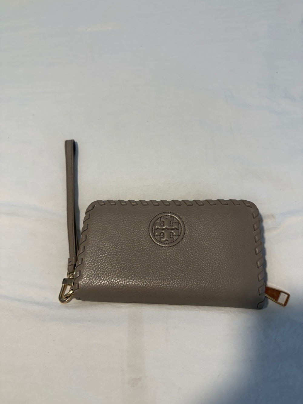 Tory Burch Taupe Whipstitch Leather Wristlet