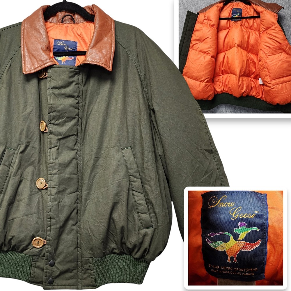 Vintage Snow Goose (Canada Goose) Bomber Jacket Mens XL Green Duck Down Feathers
