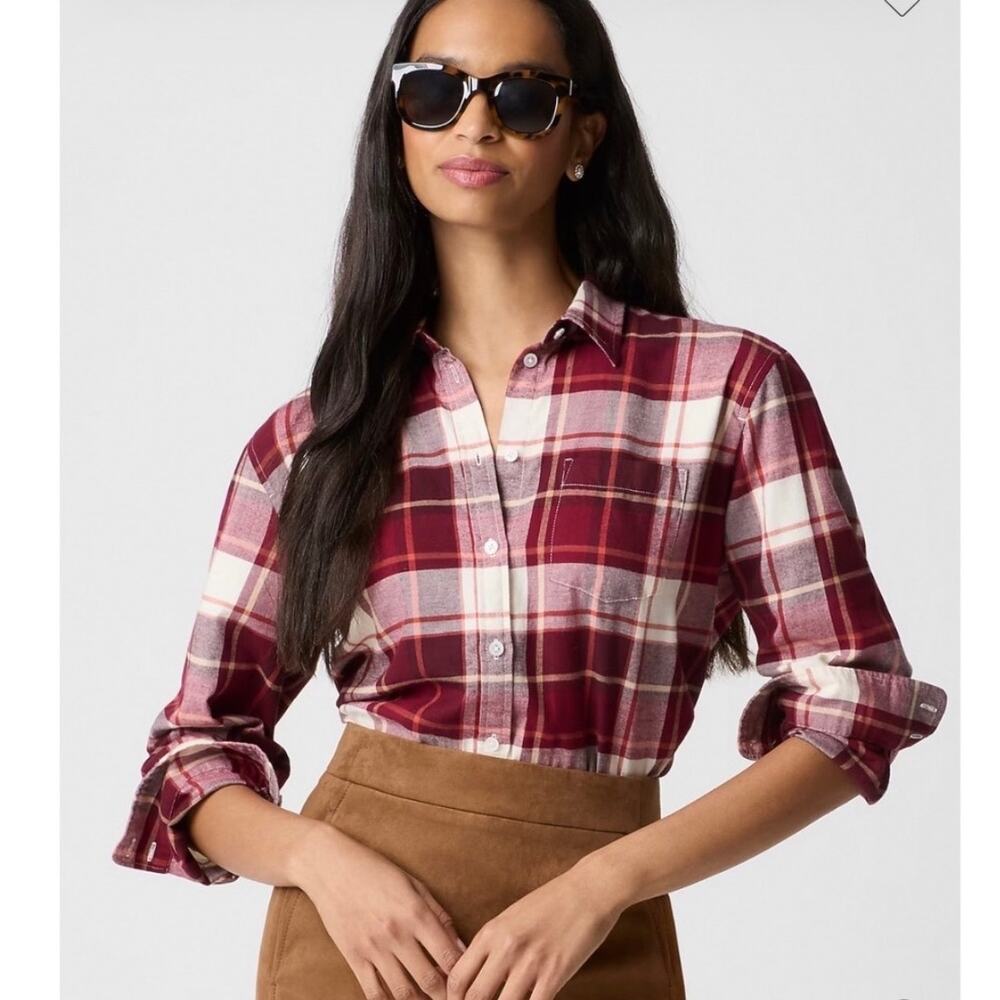 J.Crew Women Flannel Plaid Button Down Shirt S Vintage Burgundy Ivory NWT cc242