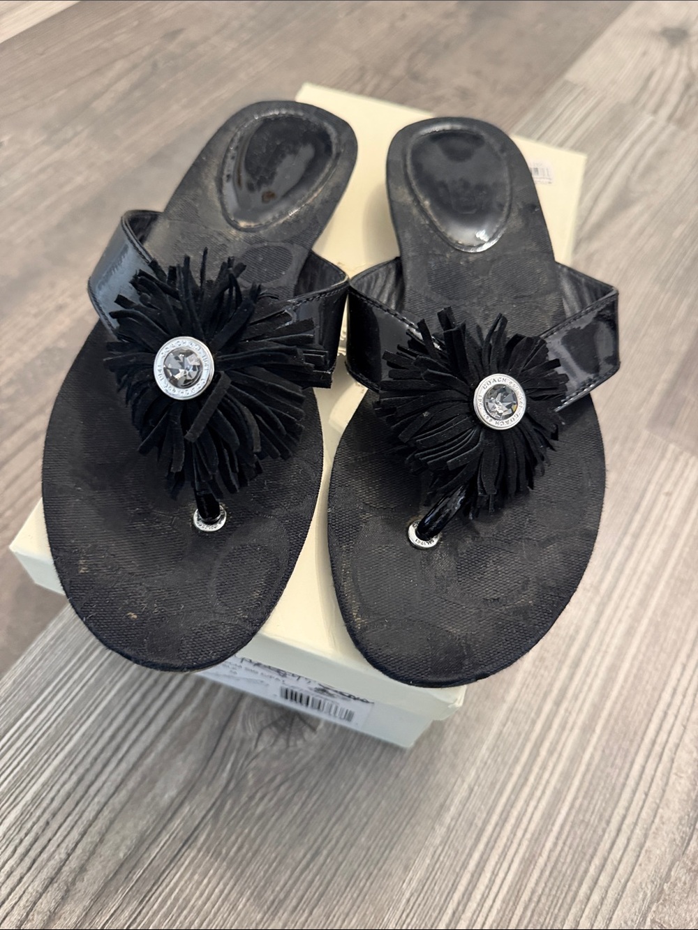 Coach Black Signature Logo Thong Sandals with Gem Accent Size 8