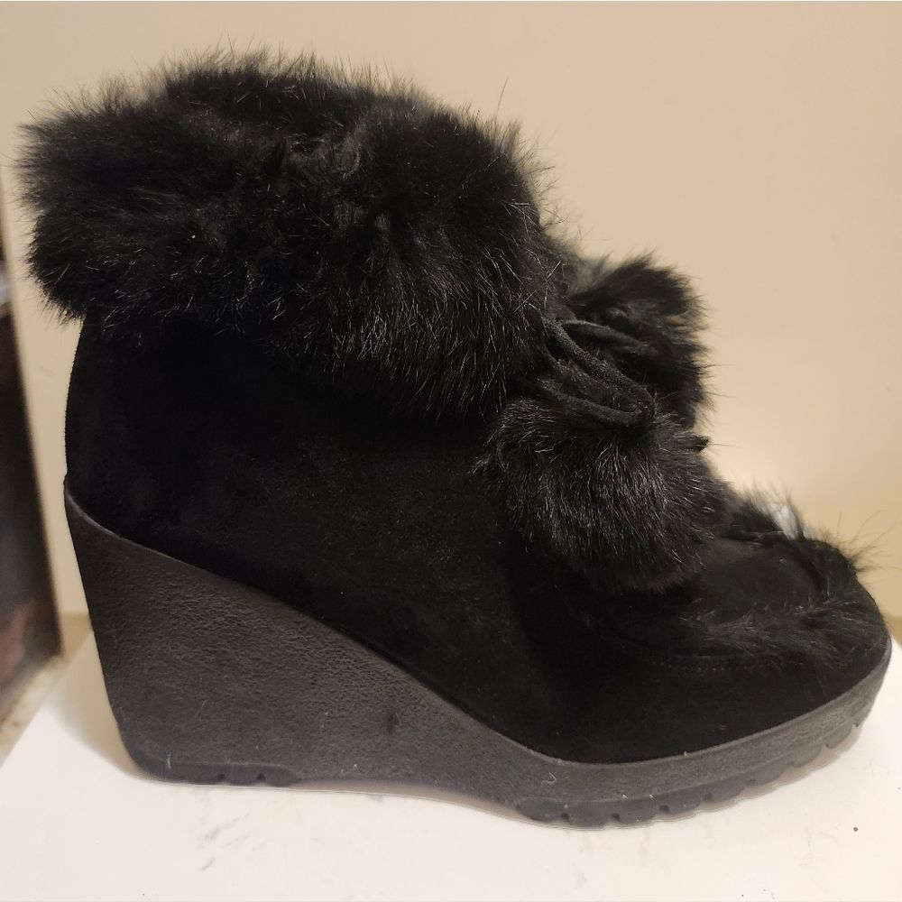 Coach "Kataya" Black Suede Rabbit Fur Wedge Booties Size 7.5 Retail $350