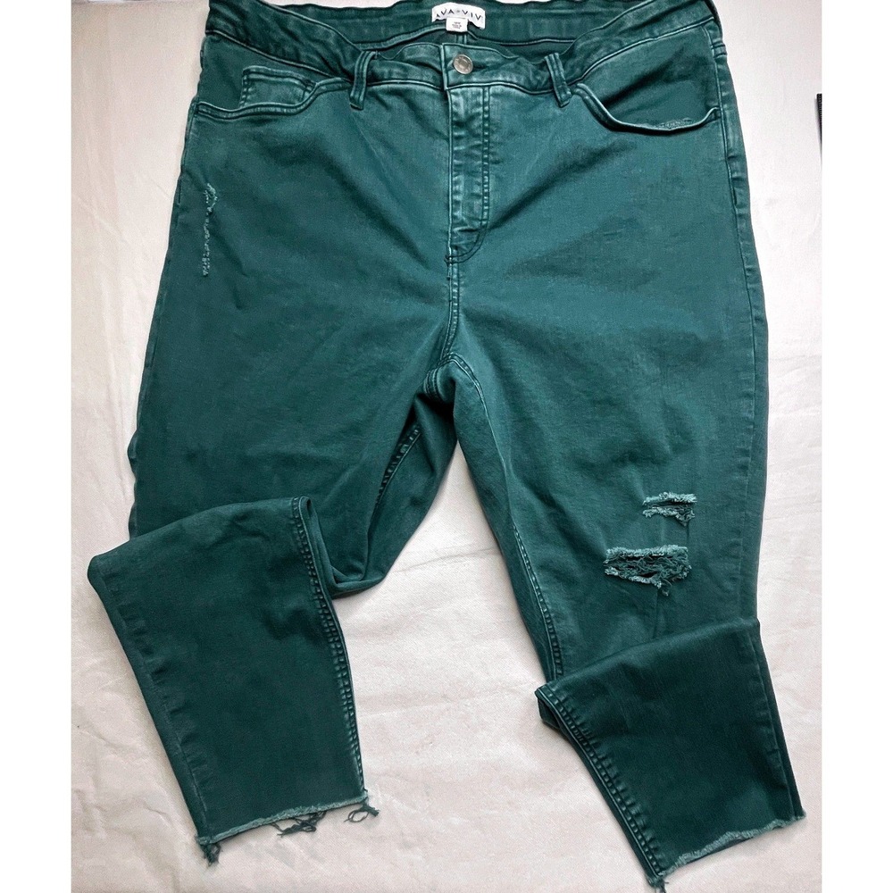 Ava & Viv Skinny Jeans Womens 18W Green Excellent Distressed High Rise Raw Hem
