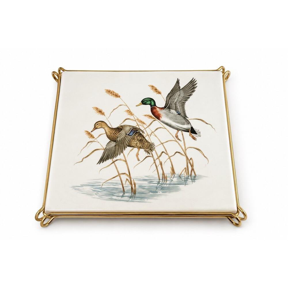 German Duck Tile Trivet Hot Plate Mettlach Saar Mallard Gold Tone Holder 6.5”