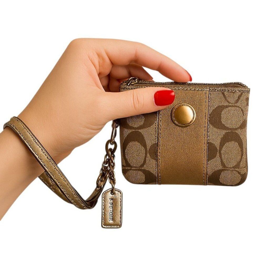 Coach GOLD Signature Logo Canvas Pouch Wristlet Clutch Wallet Bag WOMEN'S WOMANS