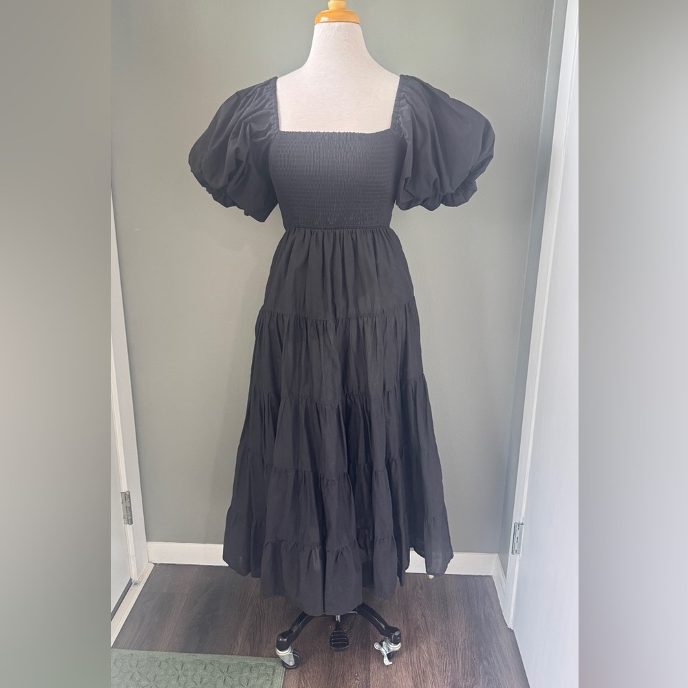 Petal & Pup Black Puff Sleeve Smocked Tiered Maxi Dress w liner. Sz L