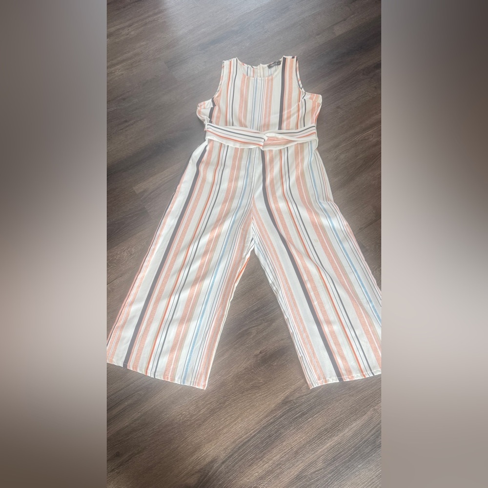 Sleeveless Striped Wide-Leg Jumpsuit in Peach & White