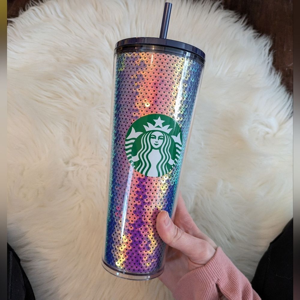 NWT New Starbucks Iridescent Sequin Holiday 2020 Cold Cup Tumbler Purple Silver