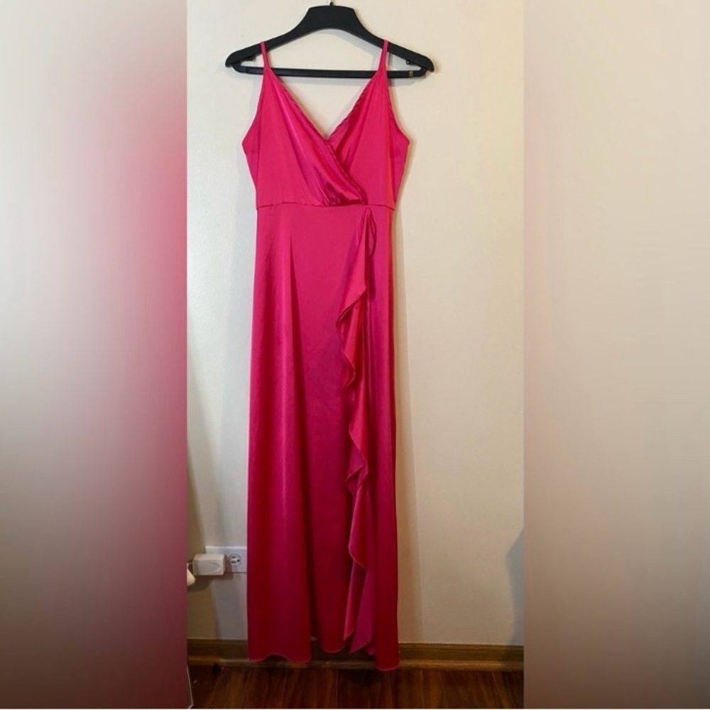 Cocktail Spring Wedding Guest Hot Pink Silky Maxi Dress Flowy with side slit - Picture 3 of 8