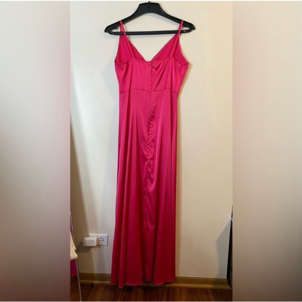 Cocktail Spring Wedding Guest Hot Pink Silky Maxi Dress Flowy with side slit - Picture 7 of 8