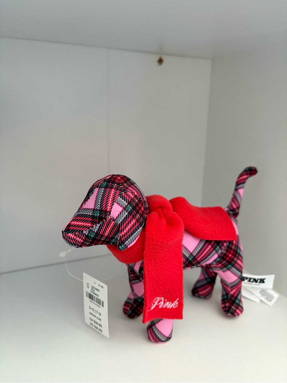 PINK Victoria's Secret Plaid Pink & Black Dog Plush with Red Scarf - Picture 2 of 6