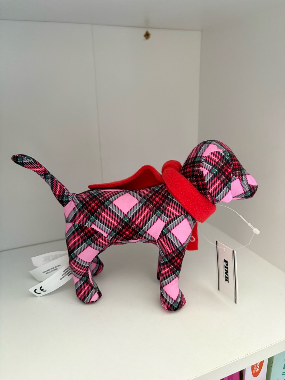 PINK Victoria's Secret Plaid Pink & Black Dog Plush with Red Scarf - Picture 4 of 6