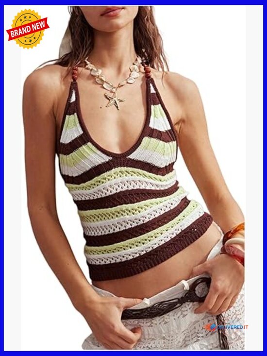 Tops - Striped Crochet Knit Halter Crop Top Tie Back Sleeveless