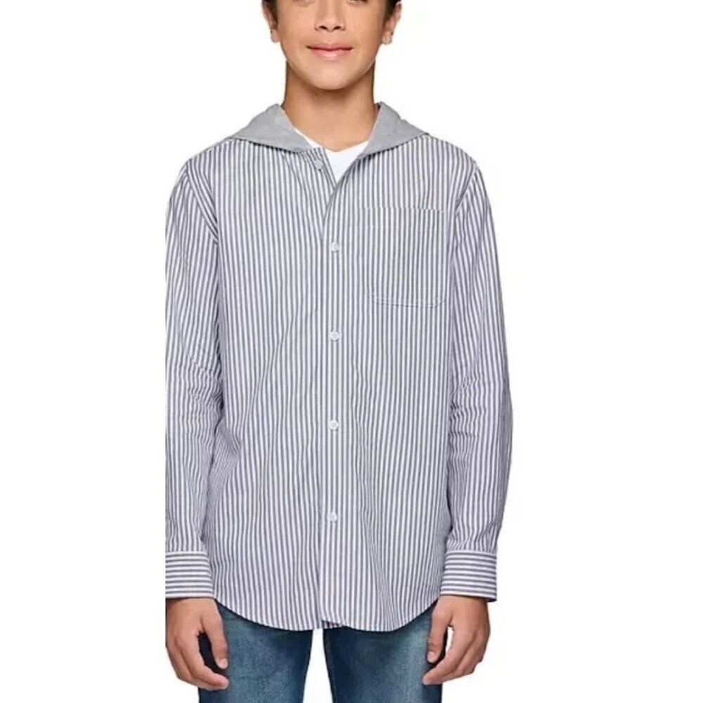 Lucky Brand Boys Hooded Woven Striped Shirt Size Xl 14/16 Grey Button Front NWT
