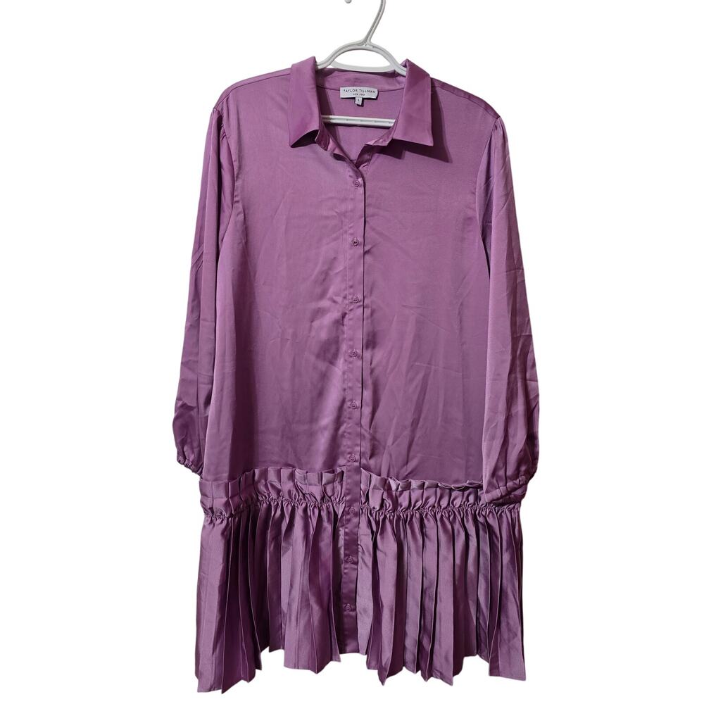 Taylor Tillman Ruffle Satin Lilac‎ Midi Shirt Dress Large