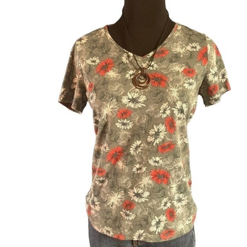 Duluth Trading Co Olive Floral V-Neck Short Sleeve Top with Coral Accents