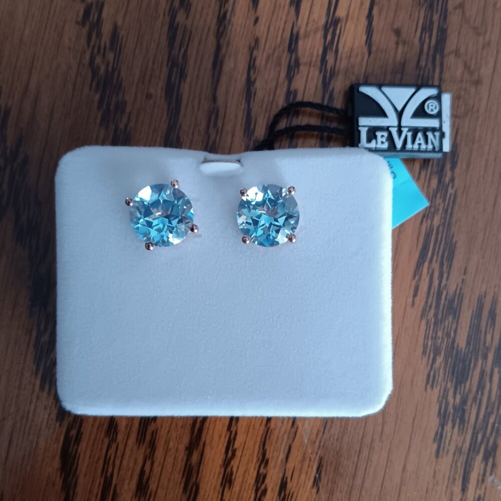 Levian Blue Topaz Stud Earrings in Rose Gold Setting - Picture 3 of 6