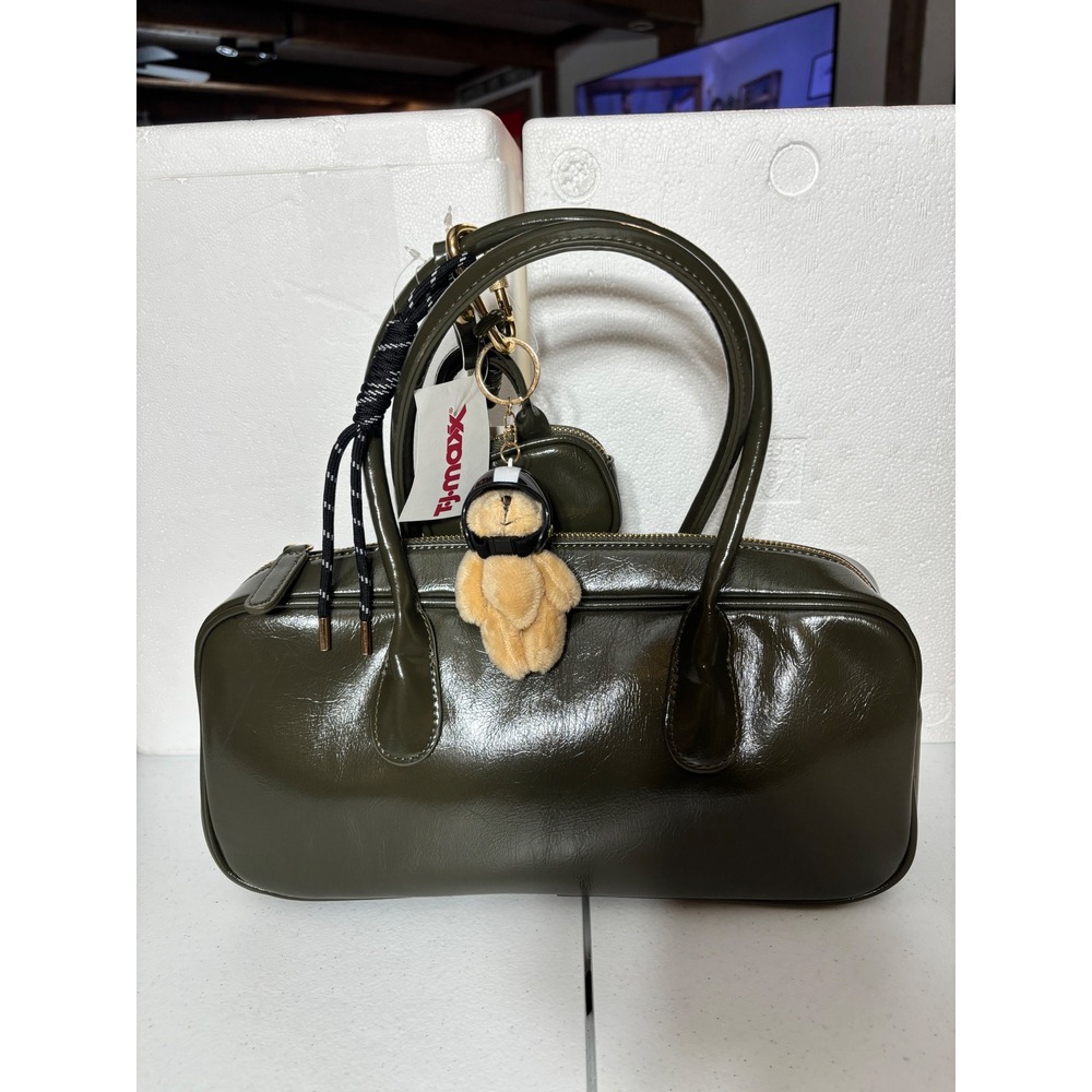Urban Expressions Mini Boston Bag Dark Olive Patent Leather Shoulder Handbag NEW