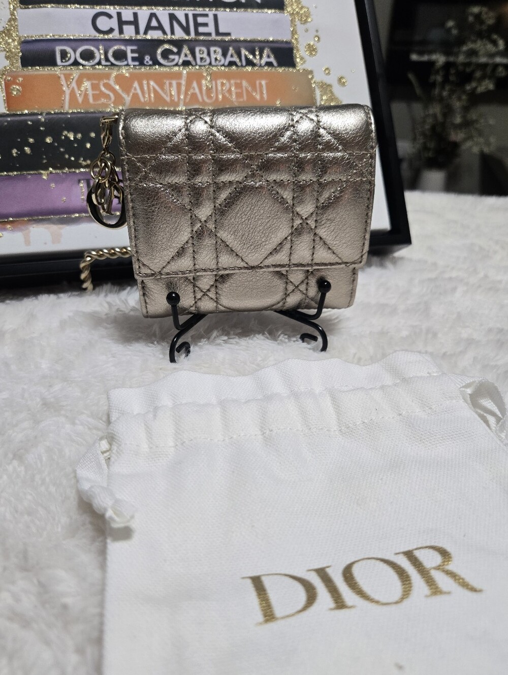 🔥 Christian Dior Lady Dior Cannage Pattern Metallic Compact Wallet EXCELLENT 🔥