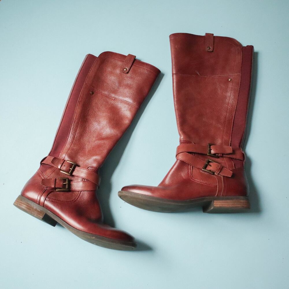 Marc Fisher Audrey Riding Boots Red Brown Leather Tall Buckle Womens 9 Classic