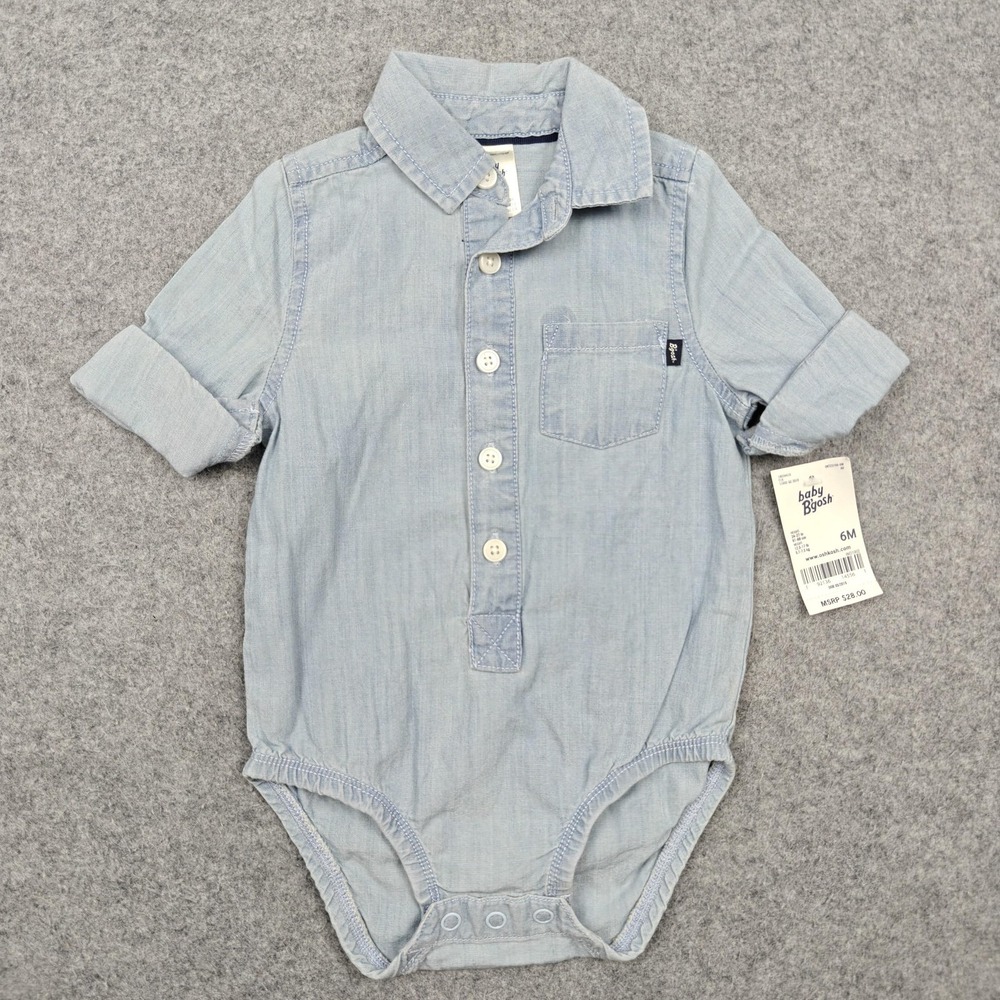 OshKosh B'gosh Romper Boys 3-6 Months Blue Chambray Shirt Bodysuit One Piece New