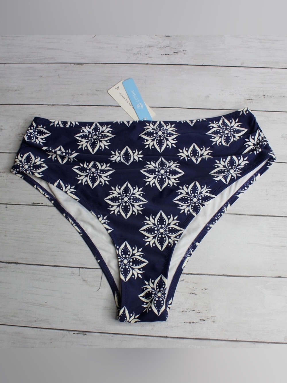 Cupshe Navy and White Floral High-Waist Bikini Bottoms