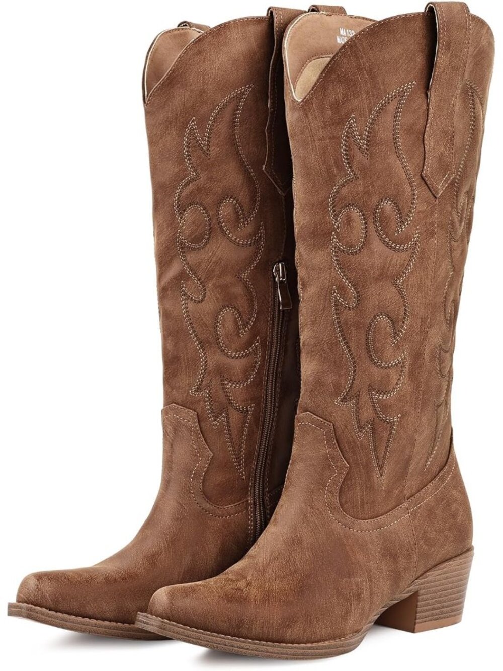Women Dark Brown Leather Knee-High Cowboy Snip Toe Zipper Embroidery Chunky Heel - Picture 6 of 6