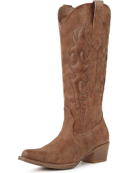 Shoes - Women Dark Brown Leather Knee-High Cowboy Snip Toe Zipper Embroidery Chunky Heel