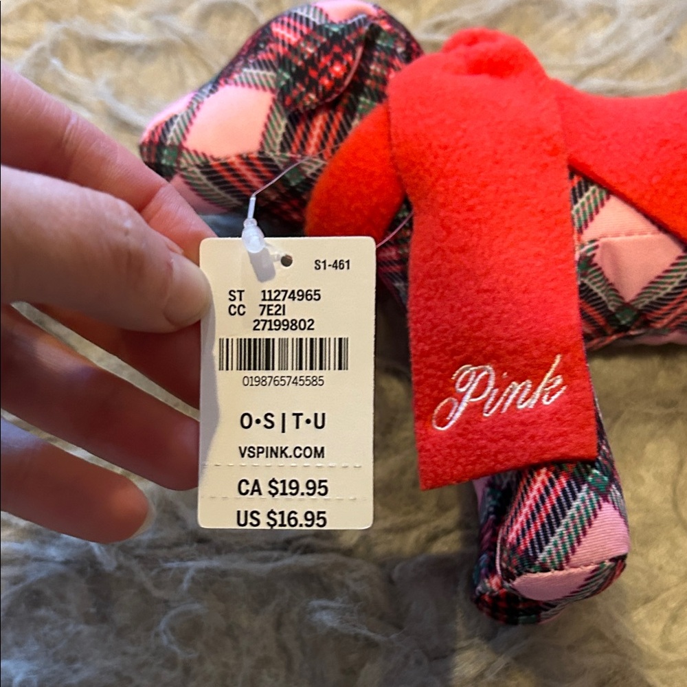 NWT Pink By Victoria Secret Pink Plaid‎ Stuffed Dog with Logo Red Scarf - Picture 2 of 3