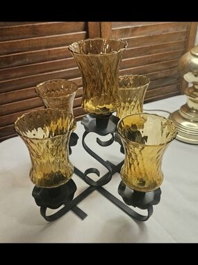 Homco  Amber Glass Candle Holder Set with Black Metal Base 12x8