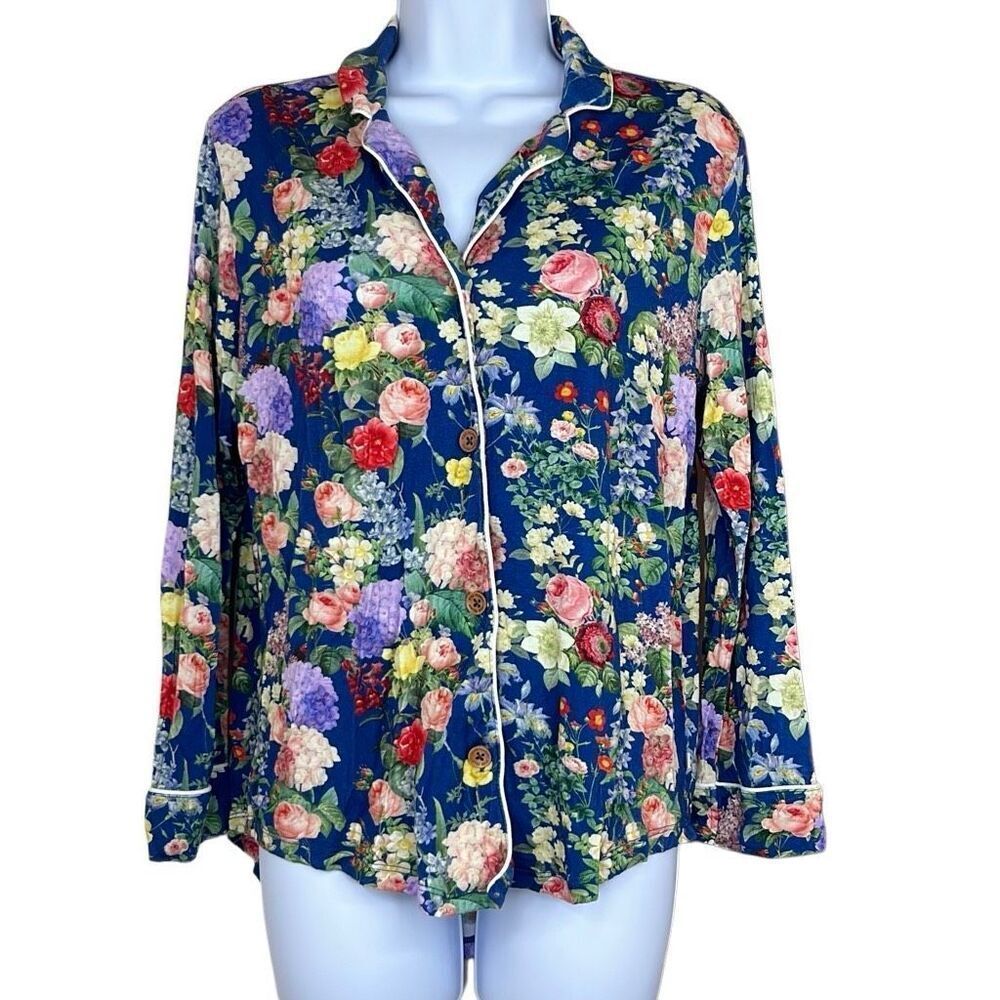 Posh Peanut Blue Pink Floral Button Down Bamboo Classic‎ Pajama Top Shirt Small