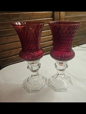 Ruby Red/Orange Textured Glass Candle Holders with Crystal Holders